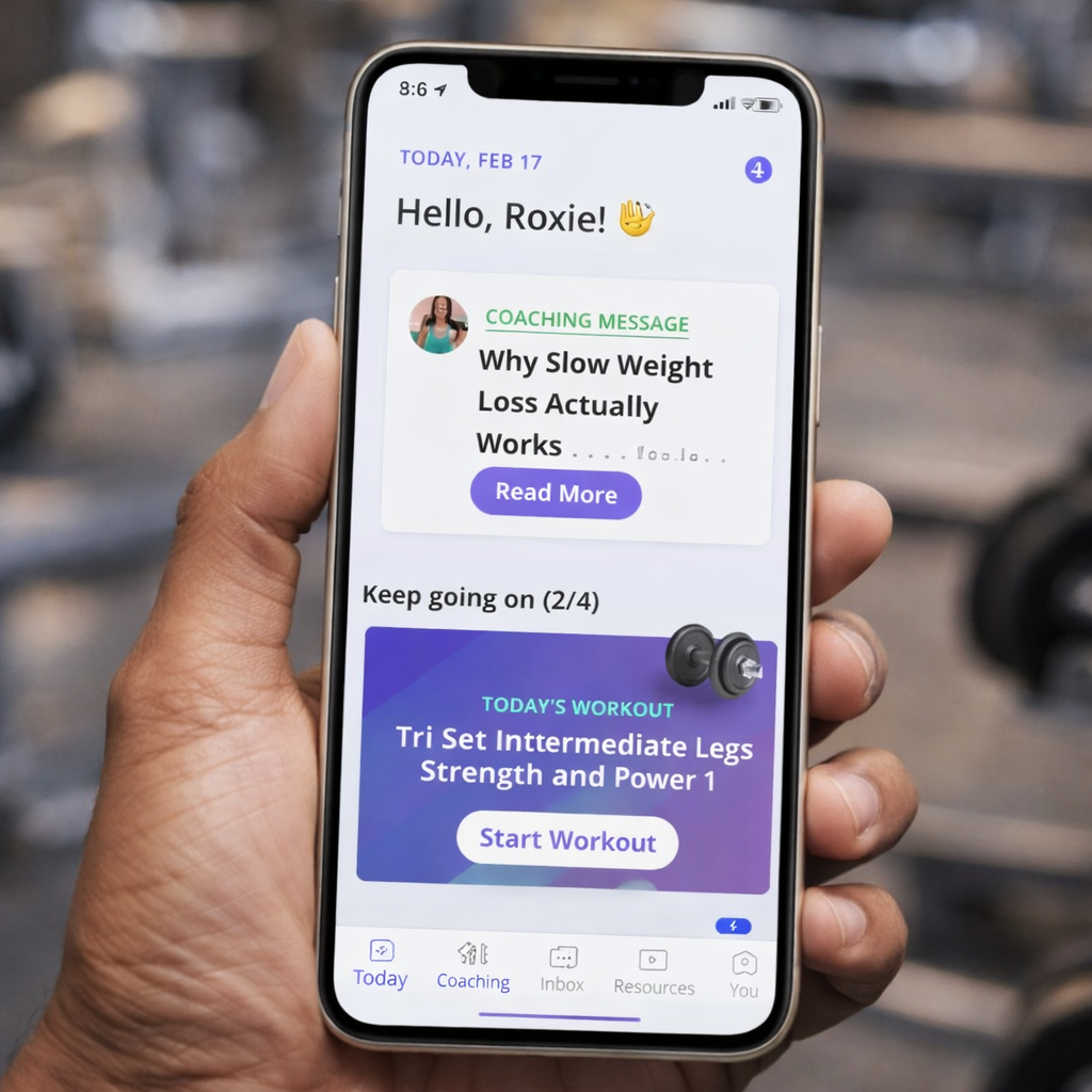 Personal Coaching App and Human Support Roxstar Fitness coaching app showing a personalized coaching message and workout